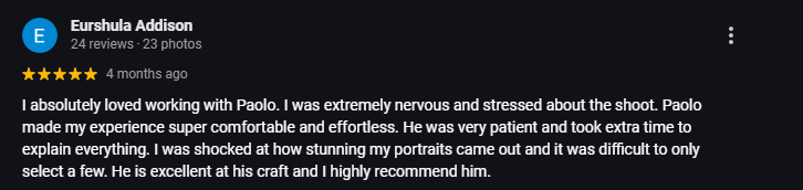 5-star review by Mara Brockbank about her portrait expererience at the studio of Paolo Portraits in Charleston 