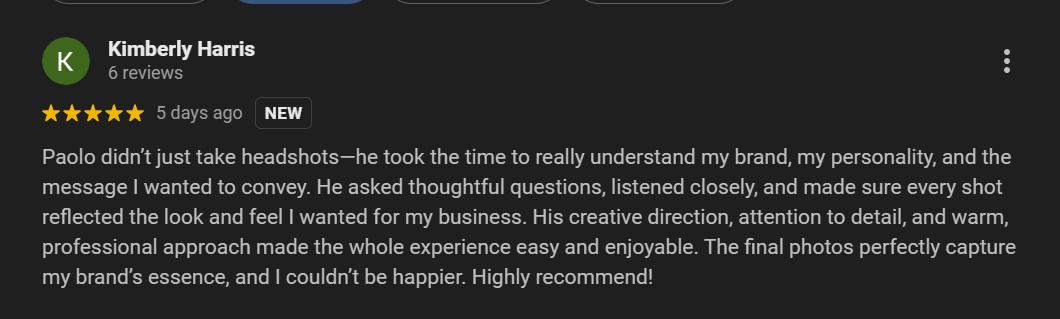 5-star review by Kimberly Harris Richart about her headshot experience at the studio of Paolo Portraits in Charleston 
