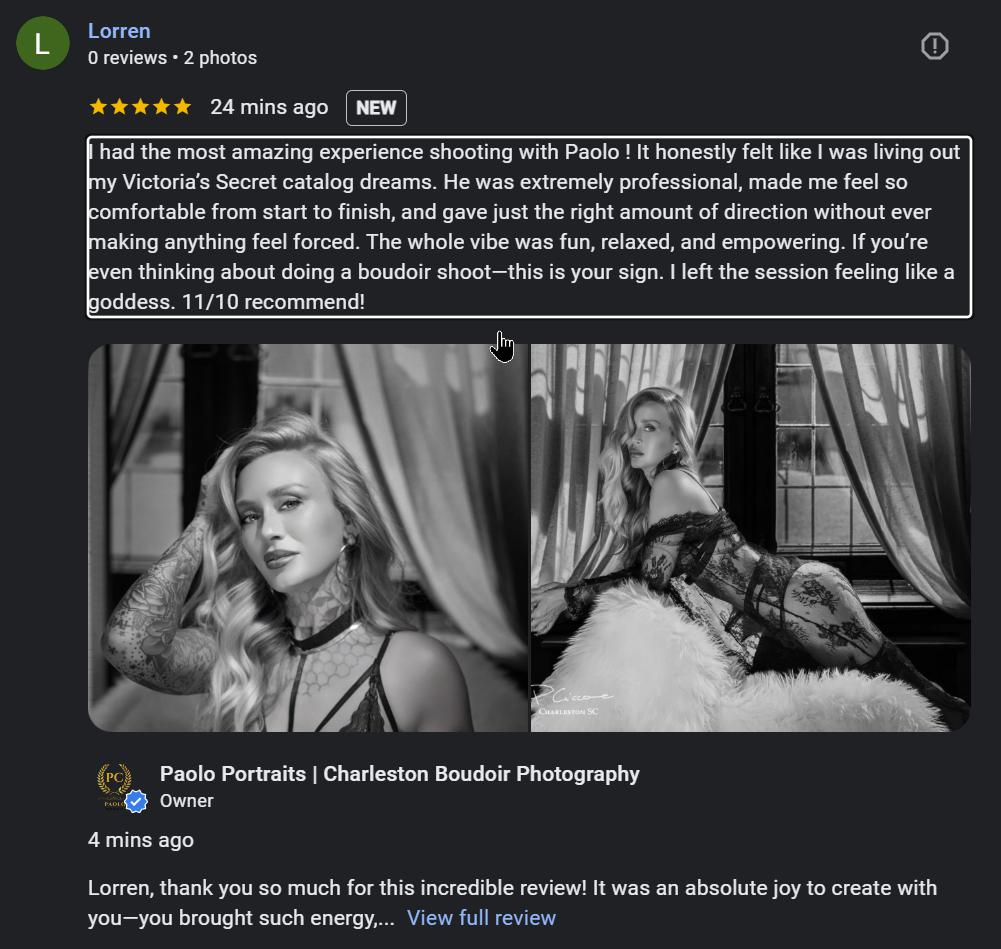 5-star review by Lorren Liguori about her boudoir portraits at the studio of Paolo Portraits in Charleston