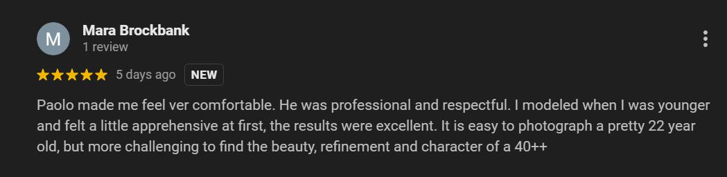 5-star review by Mara Brockbank about her portrait expererience at the studio of Paolo Portraits in Charleston 